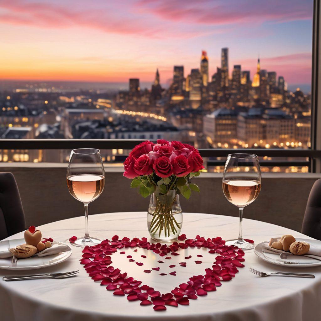 A romantic, candle-lit dinner setting with an elegantly arranged table for two, featuring rose petals, wine glasses, and a cityscape view in the background. Add subtle elements symbolizing technology, like a smartphone and heart emojis, to hint at modern connections. soft-muted colors. super-realistic. intimate ambiance.