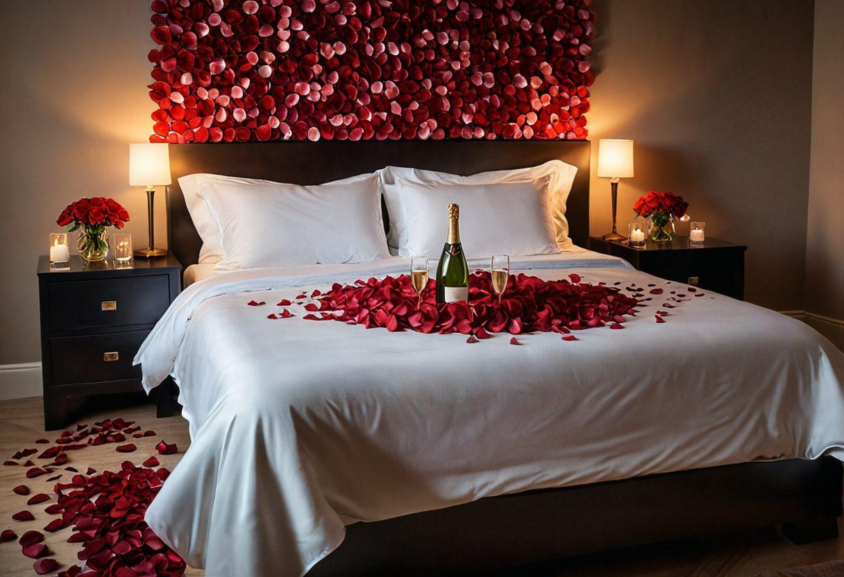 A sultry and sophisticated scene featuring a dimly lit, lavish bedroom with rose petals scattered across silk sheets, a bottle of champagne on a bedside table, and soft candlelight creating a warm, inviting ambiance with passionate overtones. Include subtle elements like intertwined hands, suggestive shadows, and a backdrop of romantic art. super-realistic. vibrant colors. intimate setting.